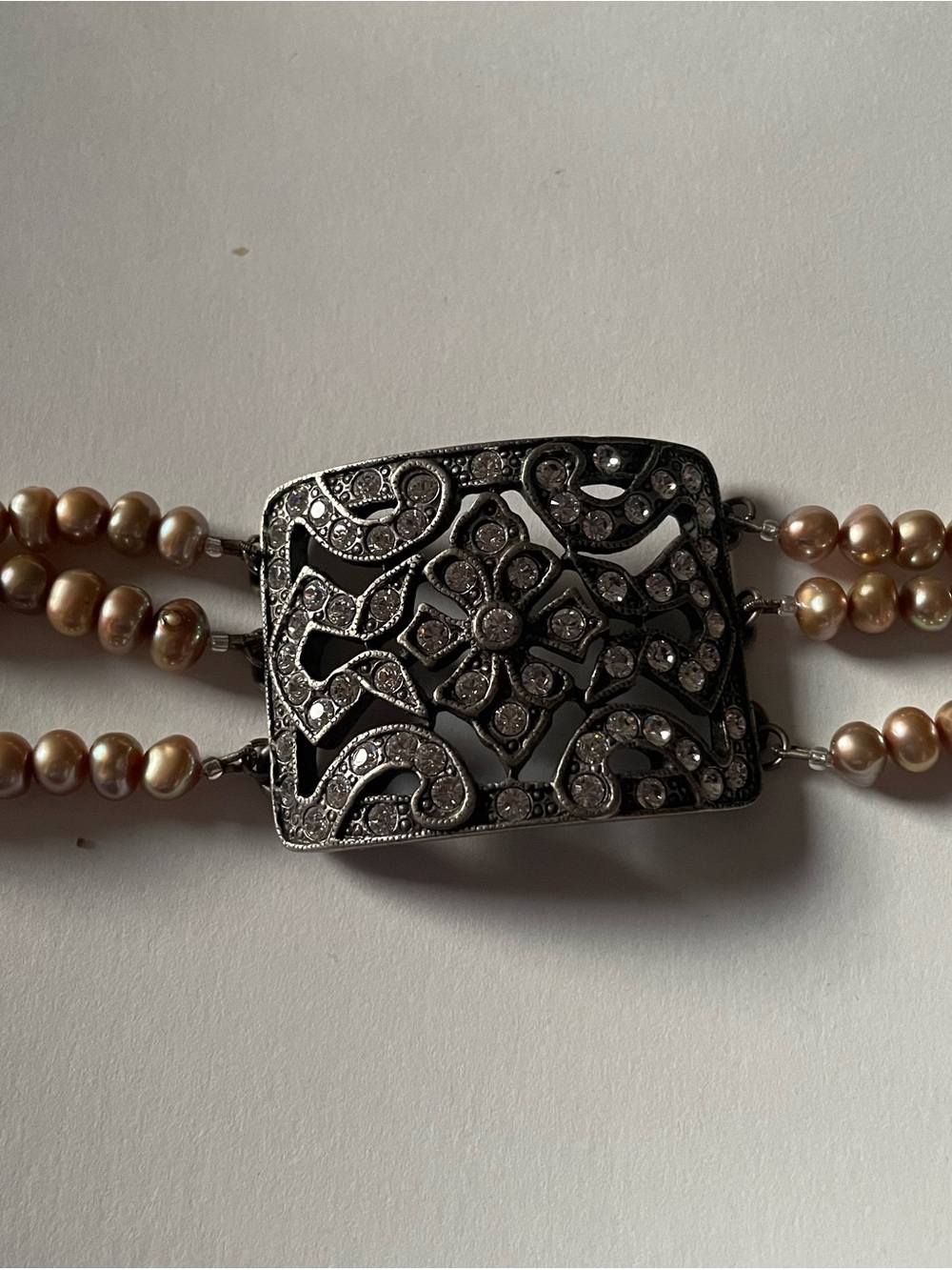 Haley Hill Pearl Bracelet with Filigree Rhinestone Clasp - Pink Pearls